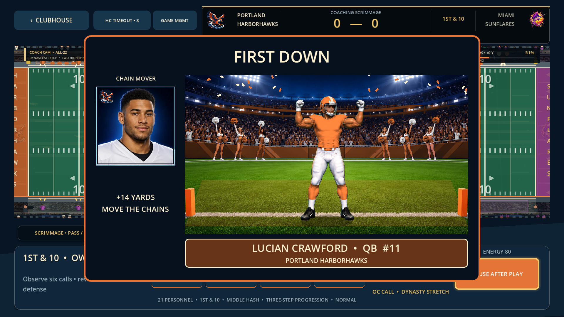 Pocket Dynasty first-down celebration with player portrait and team colors
