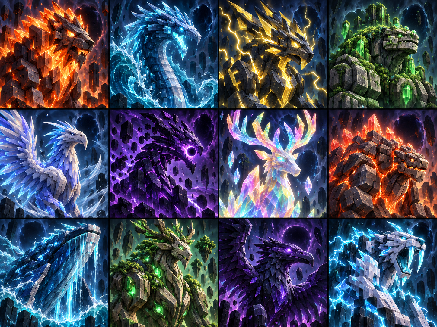 Twelve original crystalline Voxel Beasts representing the launch card roster